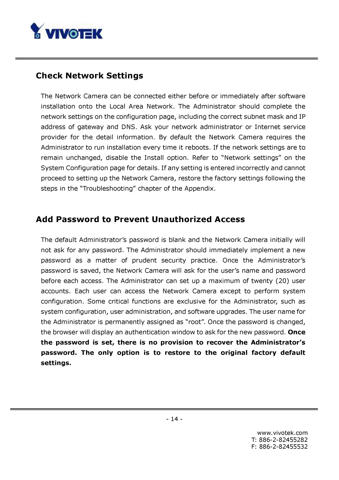 Vivotek FD6111V, FD6121V manual Check Network Settings, Add Password to Prevent Unauthorized Access 