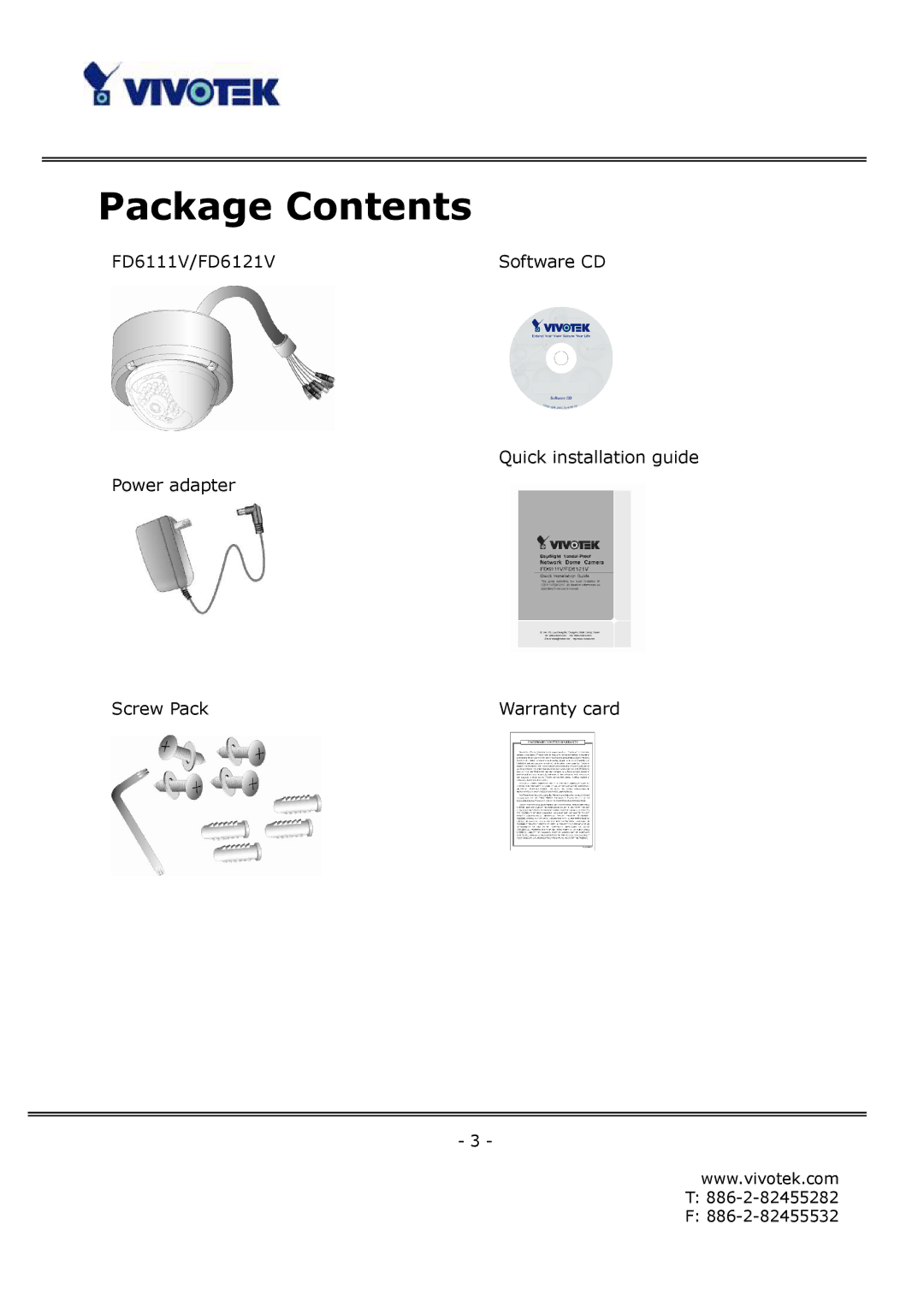 Vivotek FD6111V, FD6121V manual Package Contents 