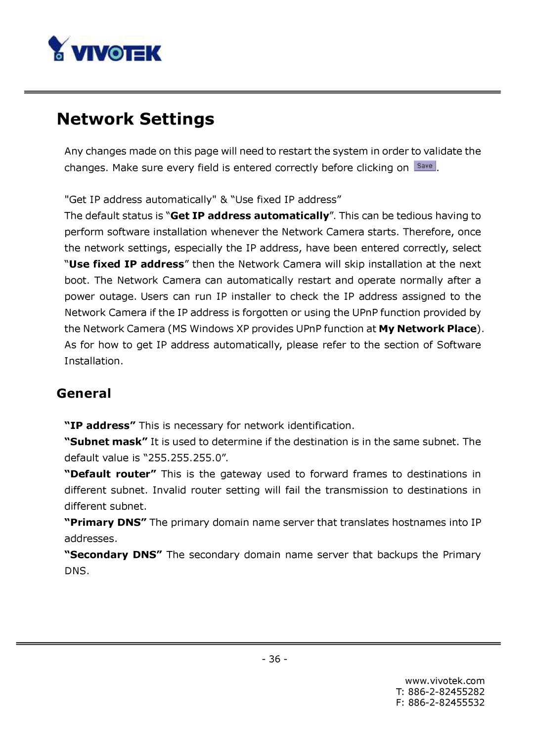 Vivotek FD6111V, FD6121V manual Network Settings, General 