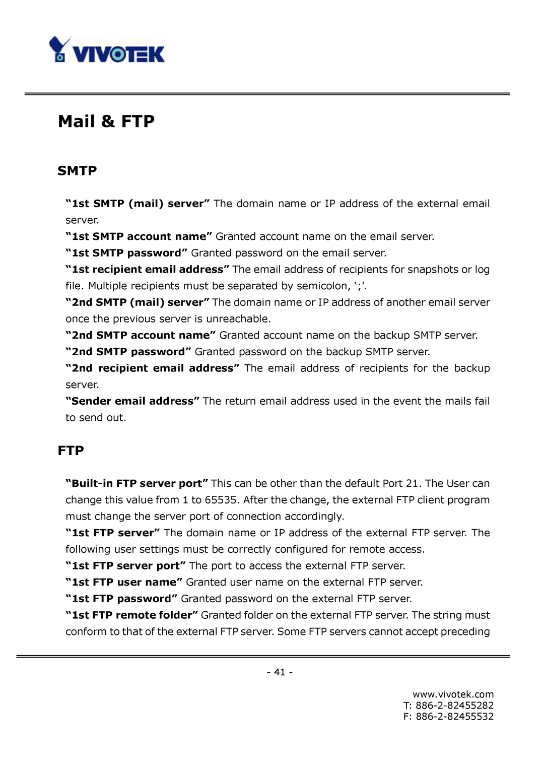 Vivotek FD6121V, FD6111V manual Mail & FTP, Smtp 