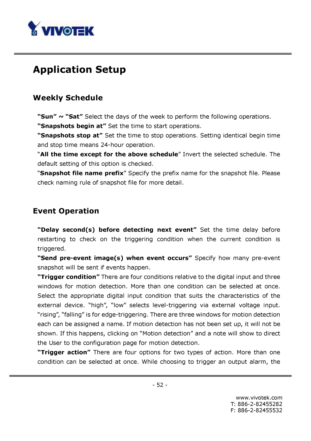 Vivotek FD6111V, FD6121V manual Application Setup, Weekly Schedule, Event Operation 