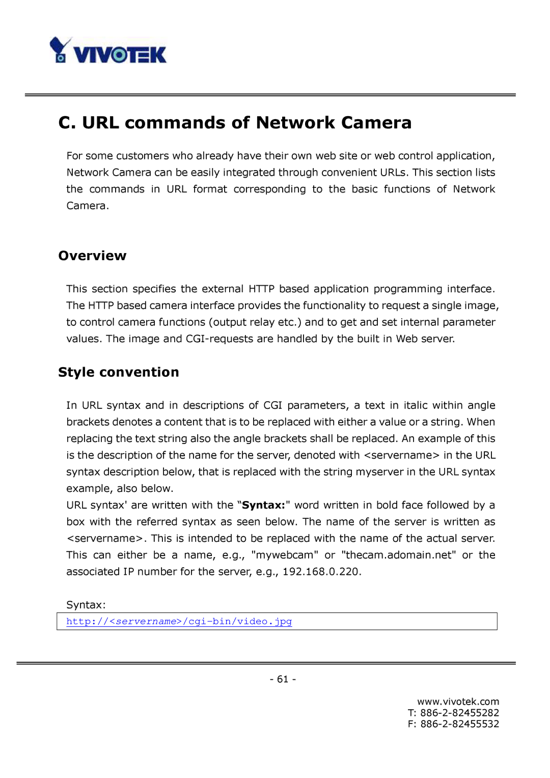 Vivotek FD6121V, FD6111V manual URL commands of Network Camera, Overview, Style convention 