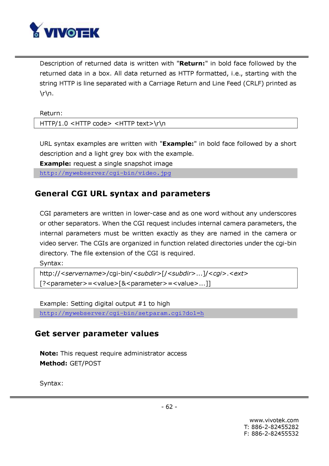 Vivotek FD6111V, FD6121V manual General CGI URL syntax and parameters, Get server parameter values, Method GET/POST 