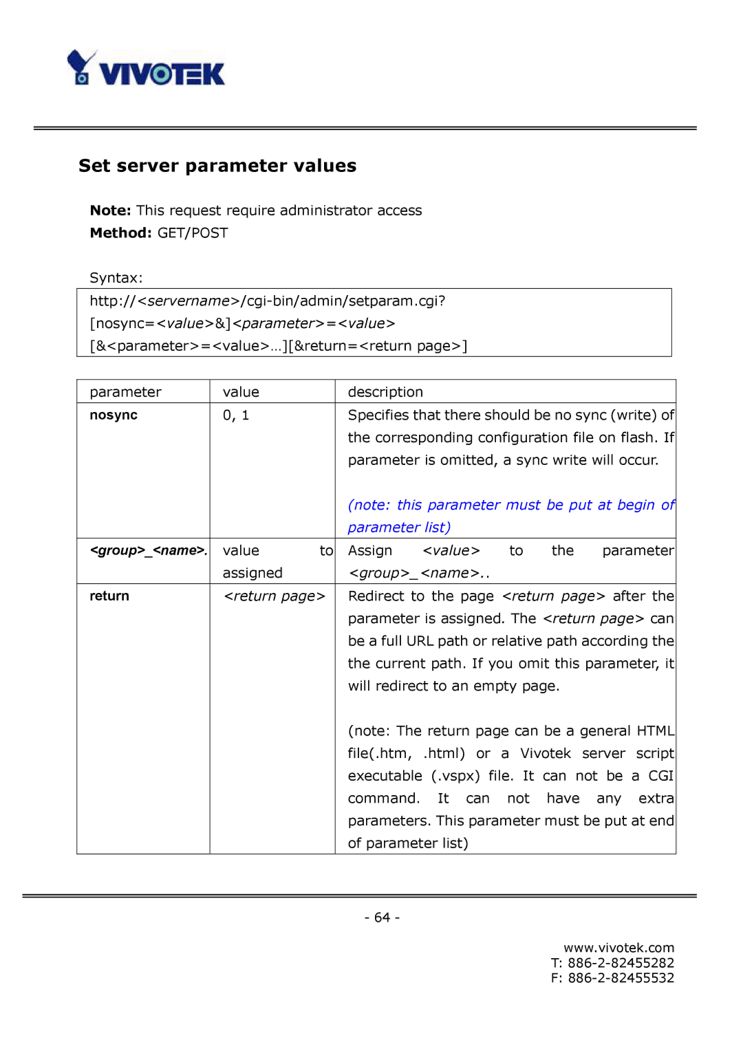 Vivotek FD6111V, FD6121V manual Set server parameter values, Nosync 