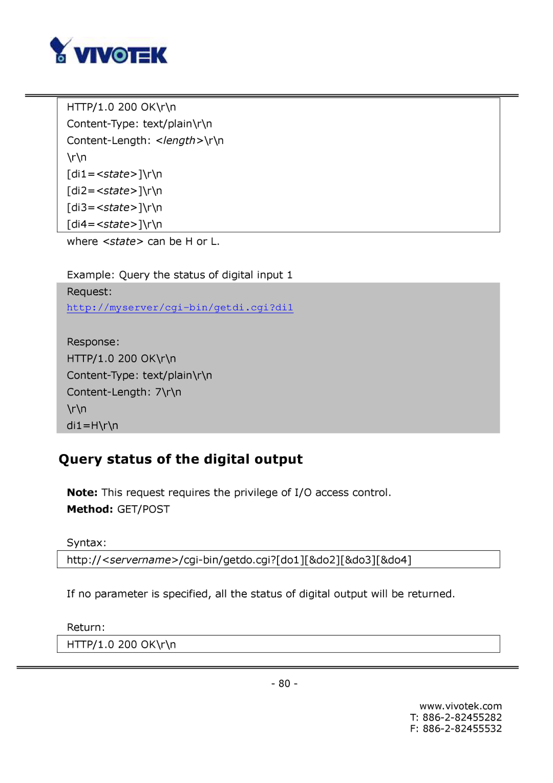 Vivotek FD6111V, FD6121V manual Query status of the digital output 