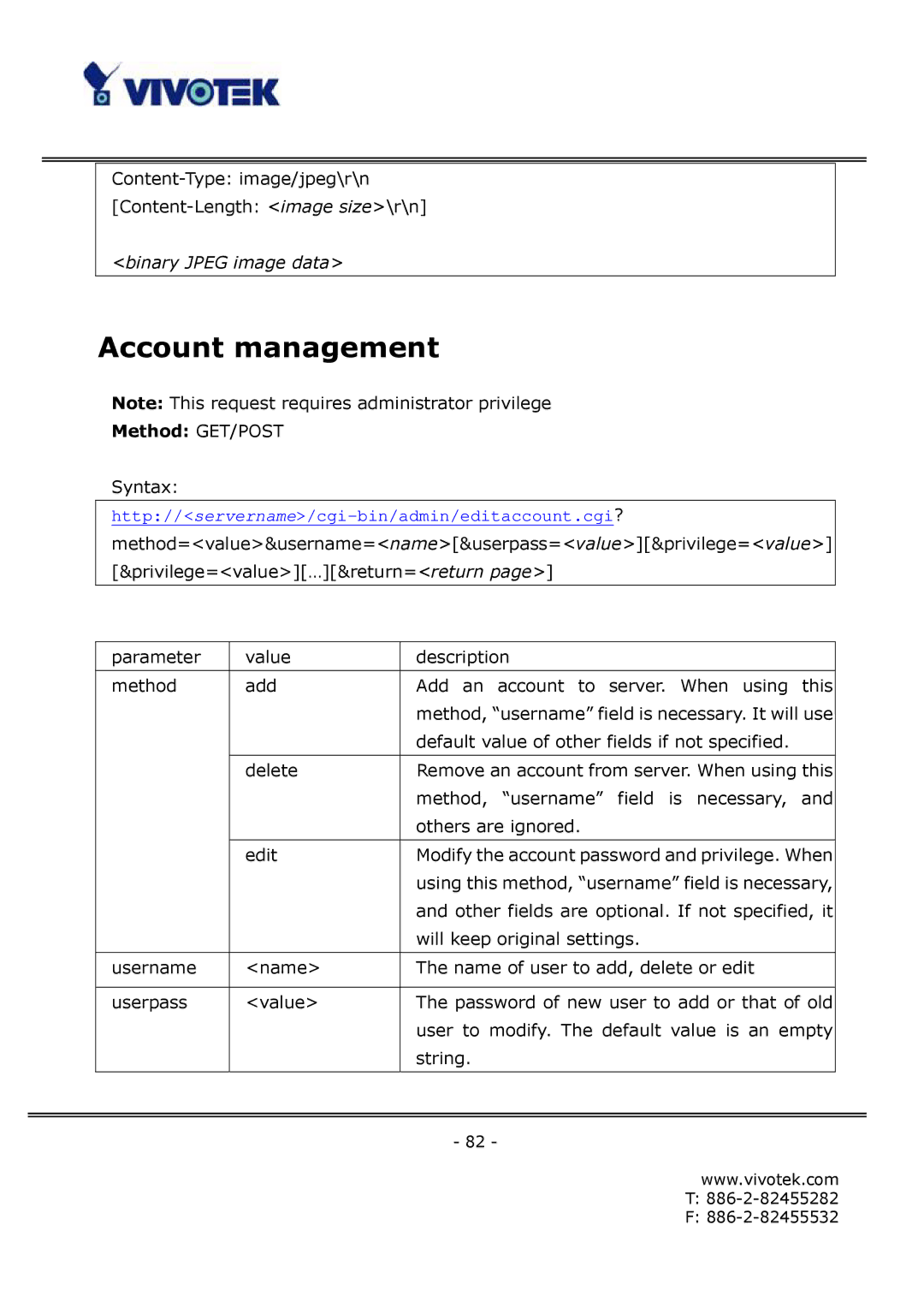 Vivotek FD6111V, FD6121V manual Account management 