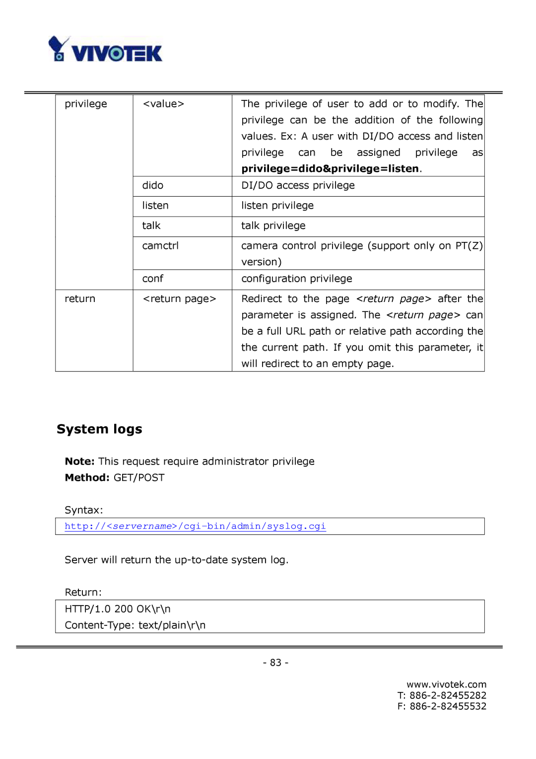 Vivotek FD6121V, FD6111V manual System logs, Privilege=dido&privilege=listen 