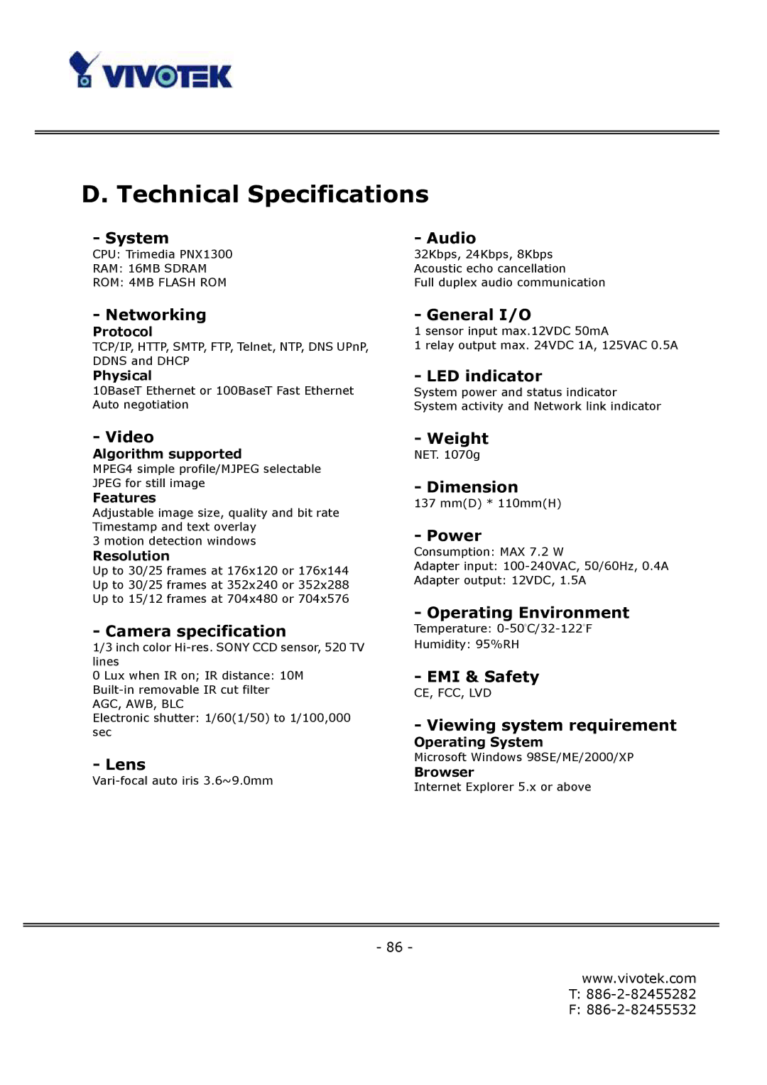 Vivotek FD6111V, FD6121V manual Technical Specifications, System Audio 