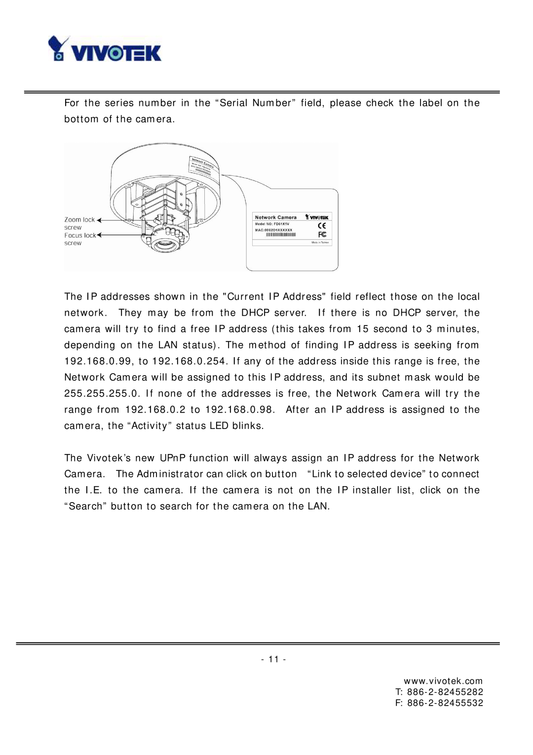 Vivotek FD6121 manual 886-2-82455282 886-2-82455532 