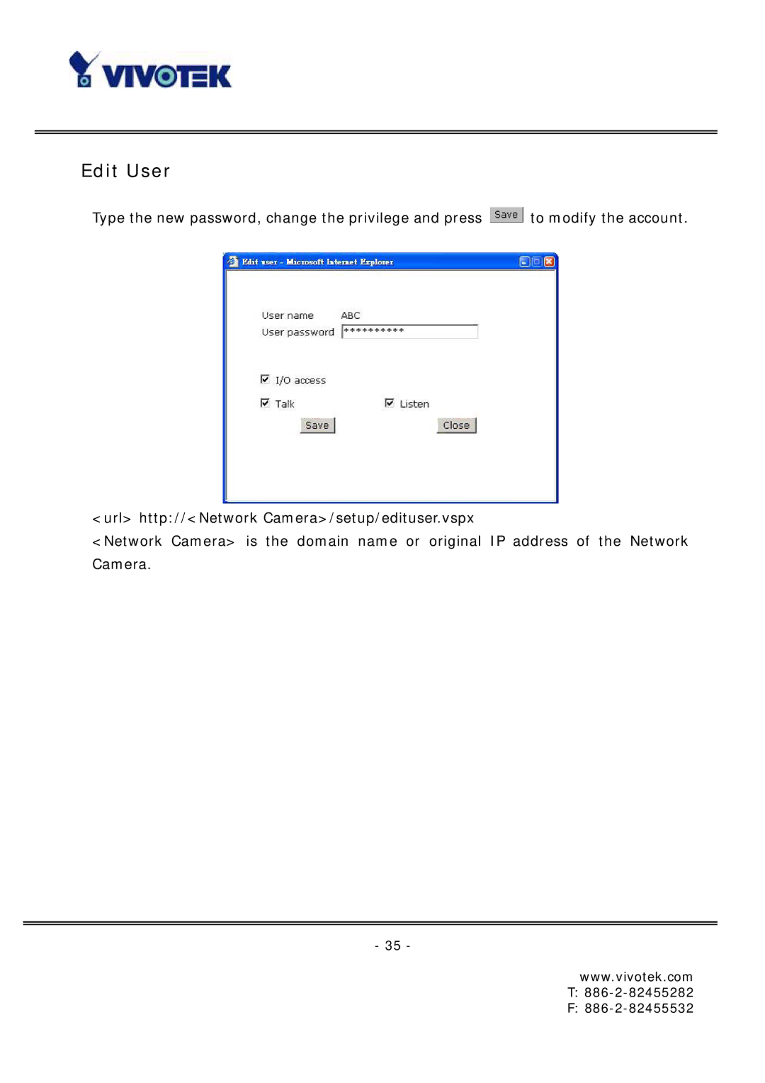 Vivotek FD6121 manual Edit User 