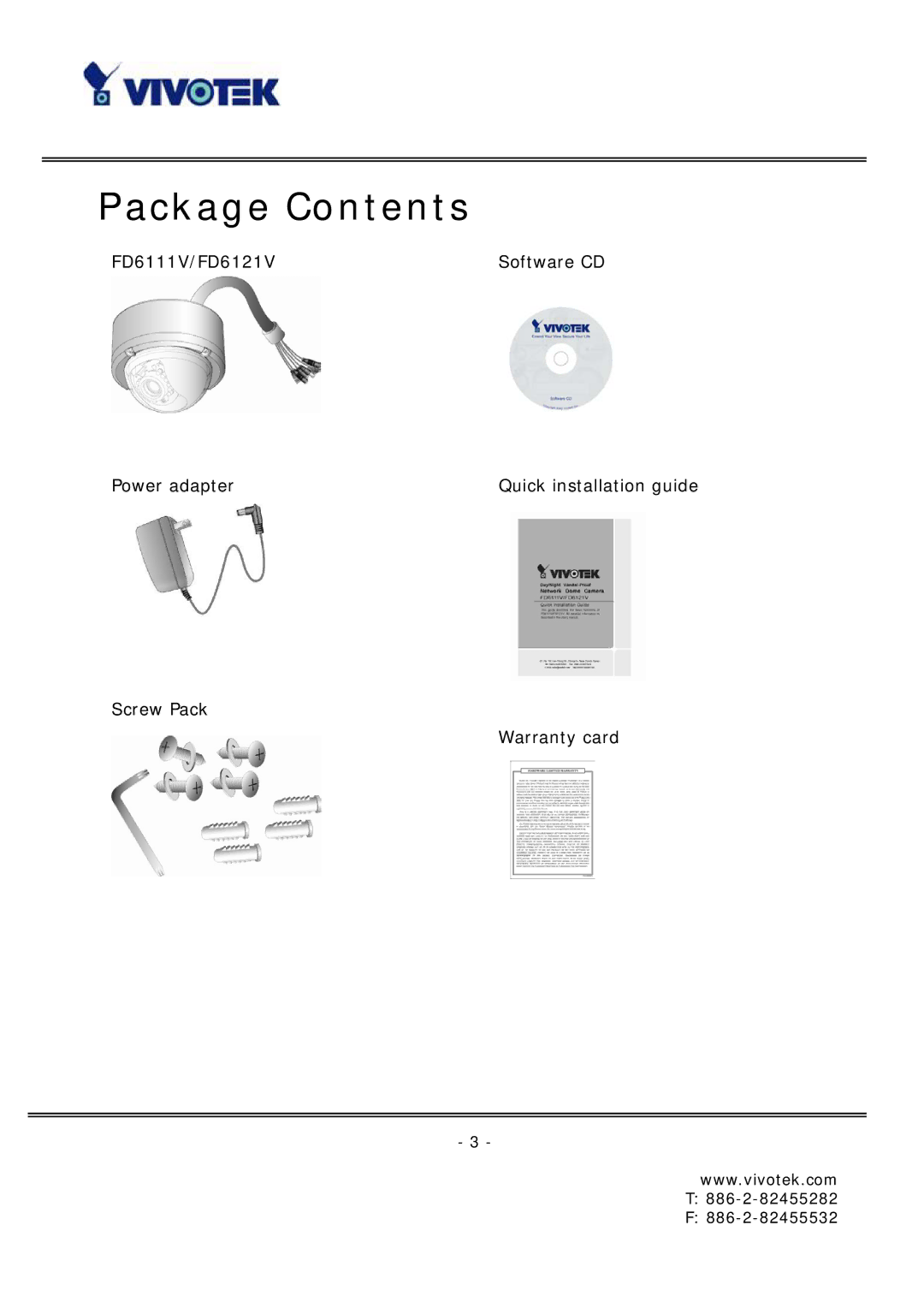 Vivotek FD6121 manual Package Contents 