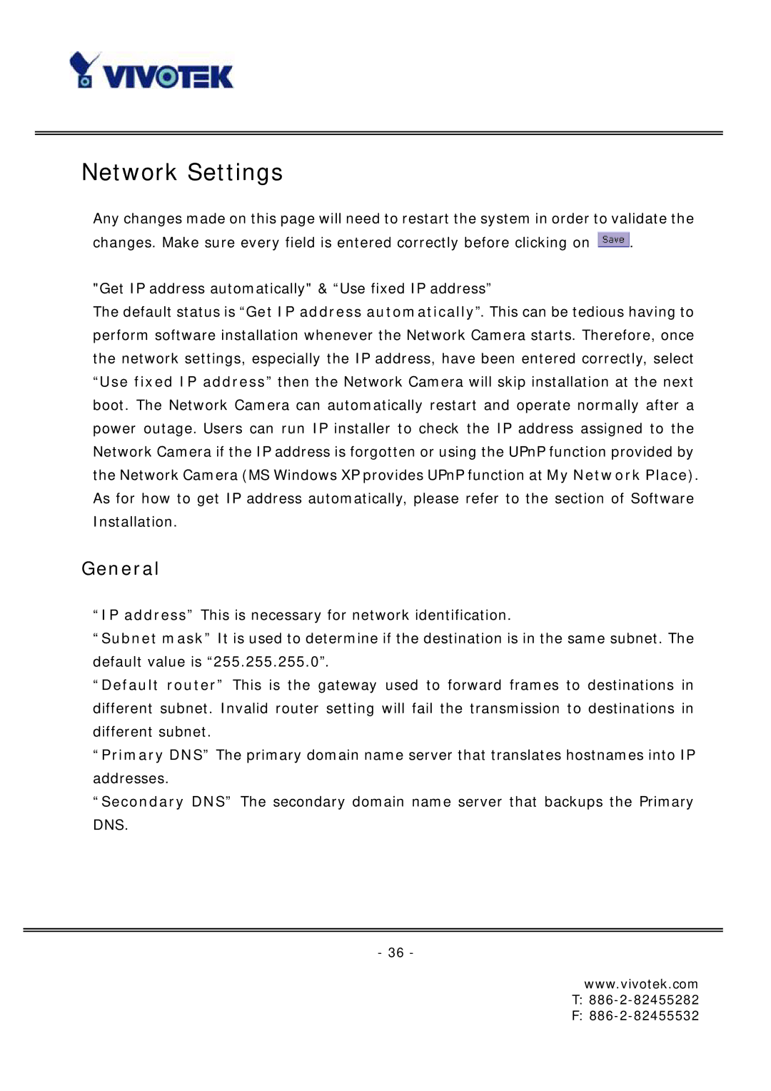 Vivotek FD6121 manual Network Settings, General 