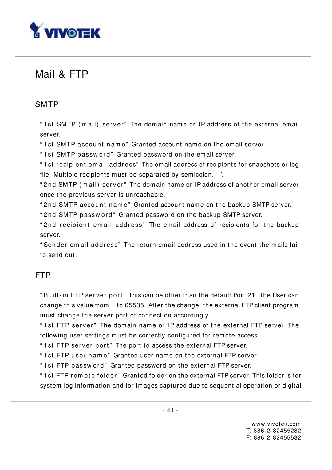 Vivotek FD6121 manual Mail & FTP, Smtp 