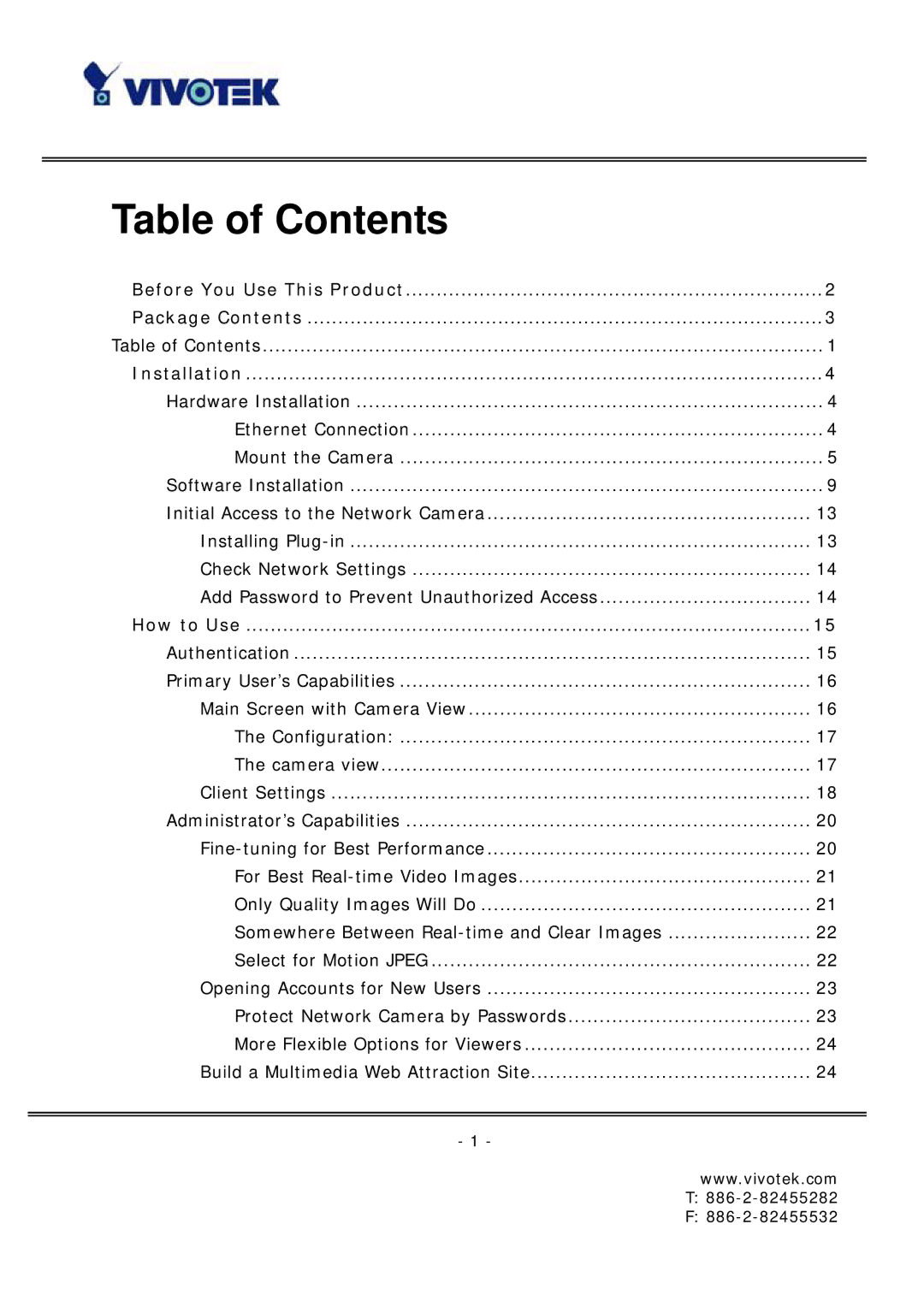 Vivotek FD6121 manual Table of Contents 