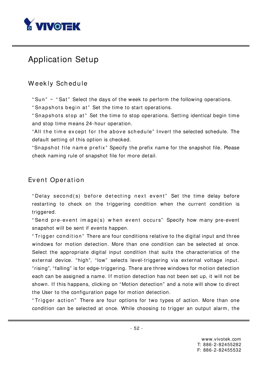 Vivotek FD6121 manual Application Setup, Weekly Schedule, Event Operation 