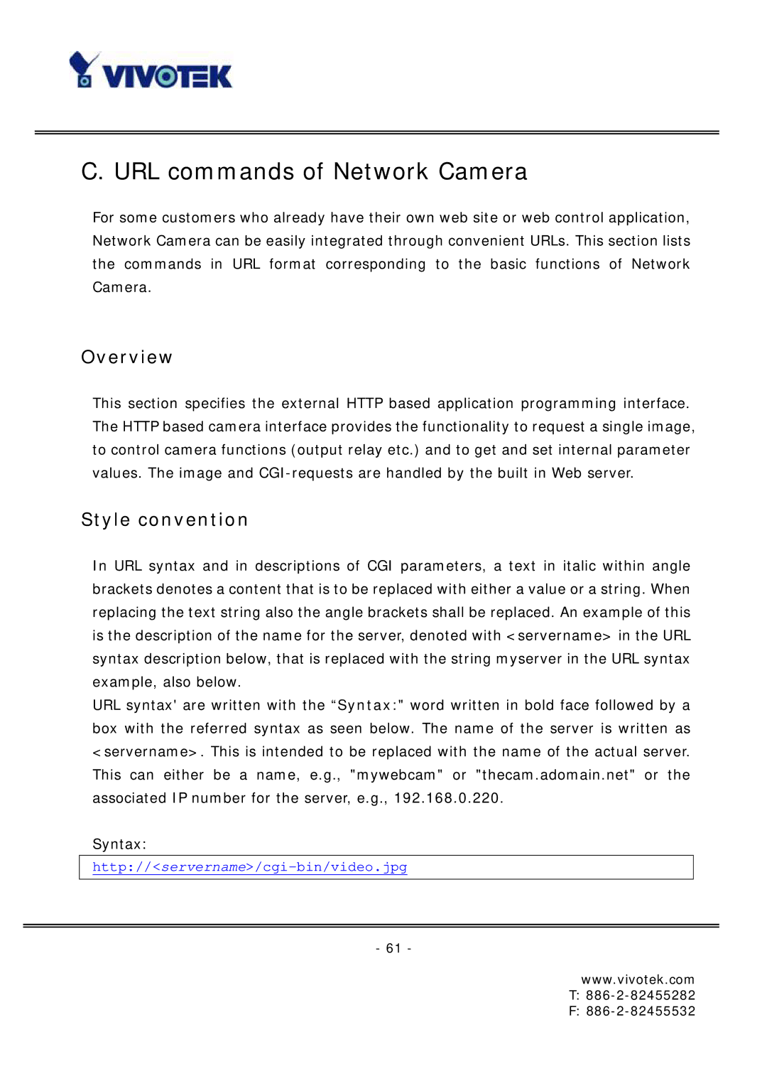 Vivotek FD6121 manual URL commands of Network Camera, Overview, Style convention 