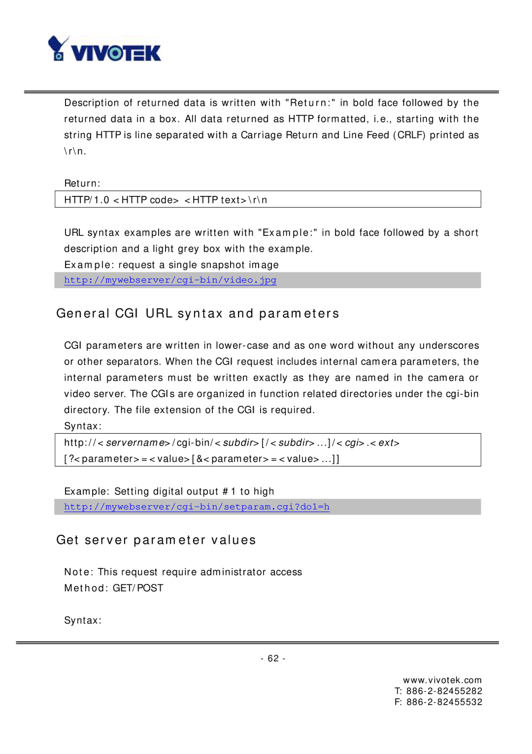 Vivotek FD6121 manual General CGI URL syntax and parameters, Get server parameter values, Method GET/POST 