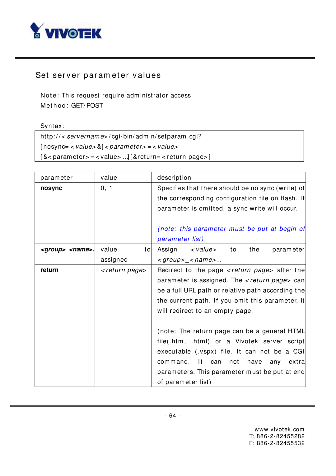 Vivotek FD6121 manual Set server parameter values, Nosync 