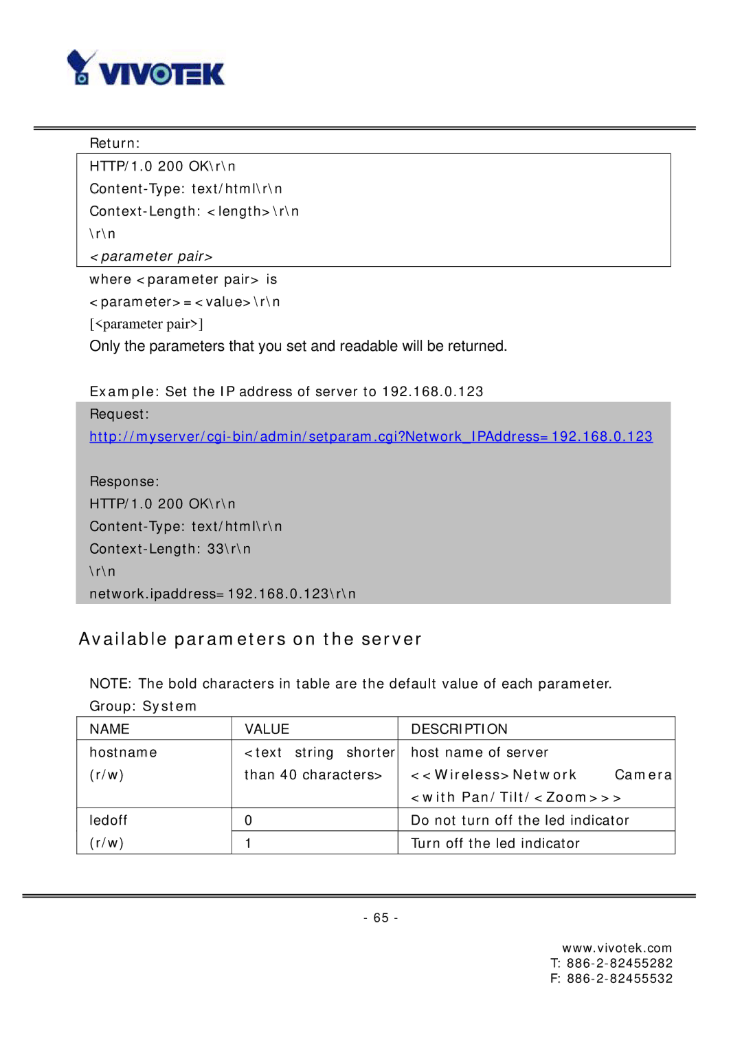 Vivotek FD6121 manual Available parameters on the server, WirelessNetwork Camera With Pan/Tilt/Zoom 