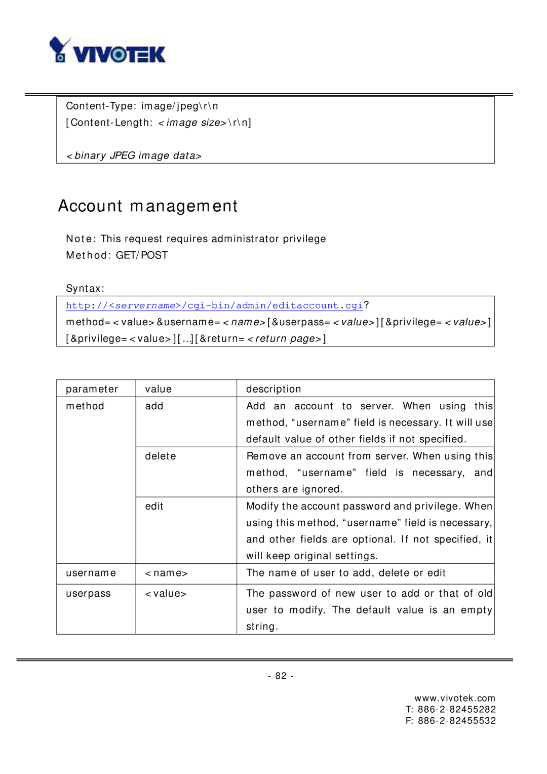 Vivotek FD6121 manual Account management 