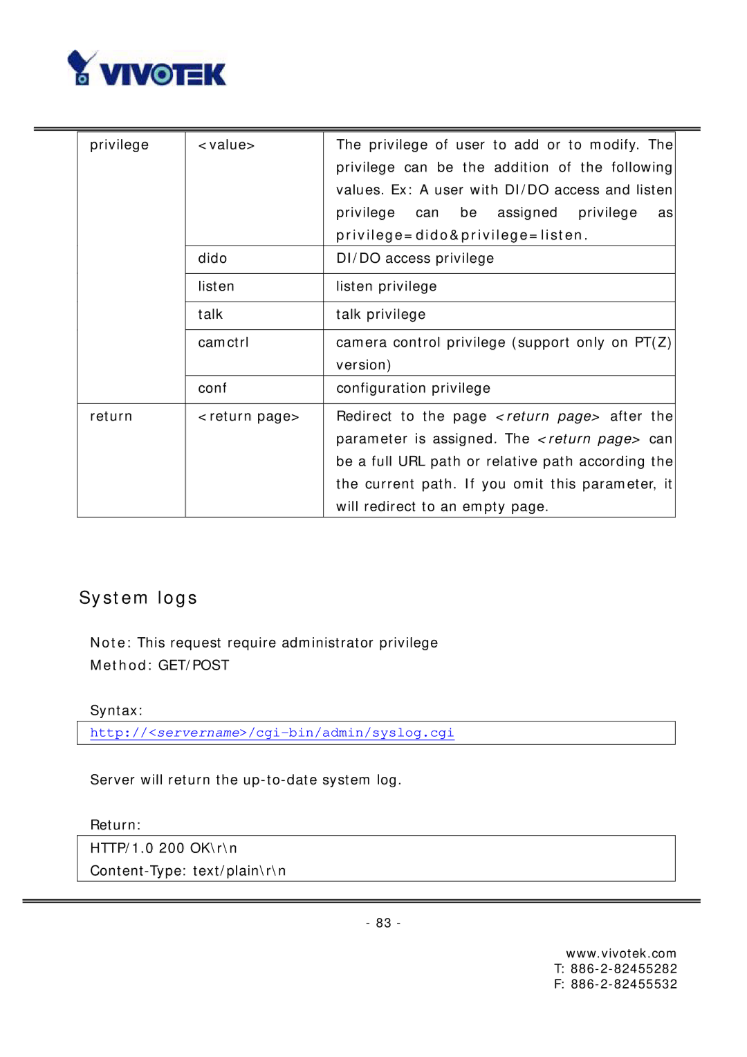 Vivotek FD6121 manual System logs, Privilege=dido&privilege=listen 