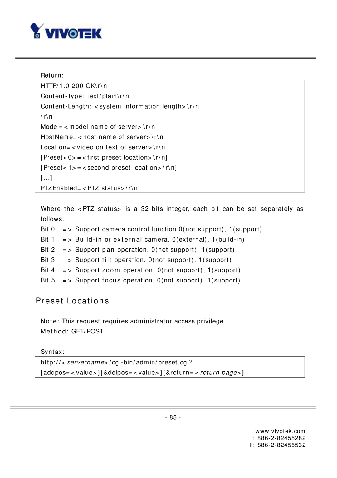 Vivotek FD6121 manual Preset Locations 