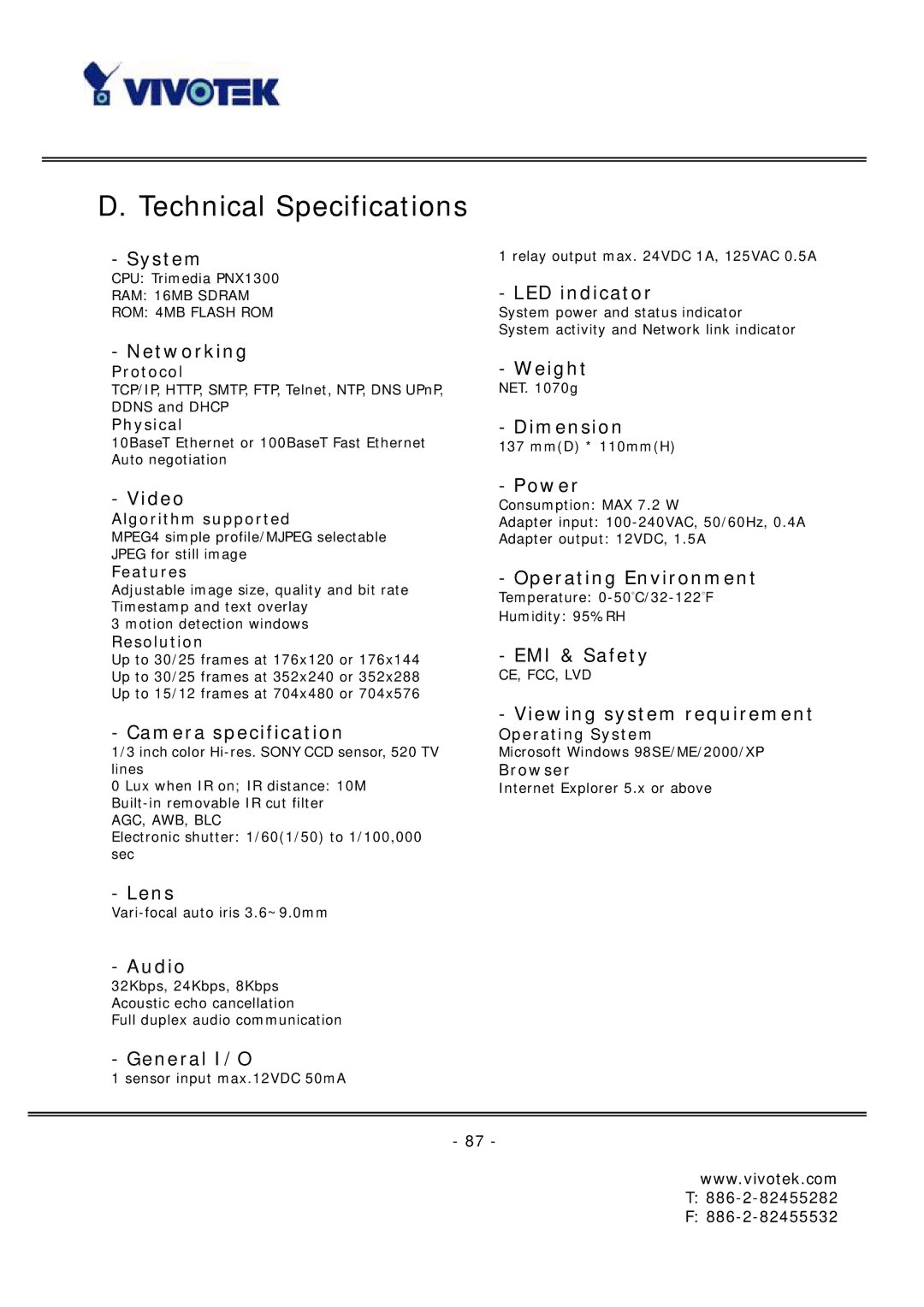 Vivotek FD6121 manual Technical Specifications, Networking 