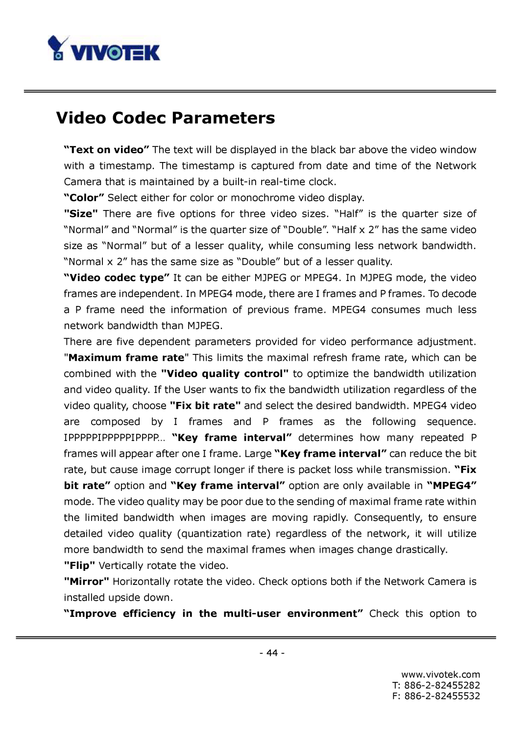 Vivotek FD6122V, FD6112V manual Video Codec Parameters 