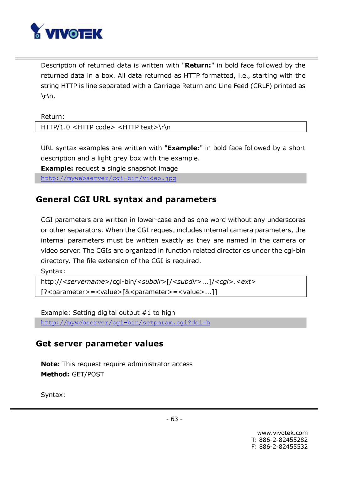 Vivotek FD6112V, FD6122V manual General CGI URL syntax and parameters, Get server parameter values, Method GET/POST 