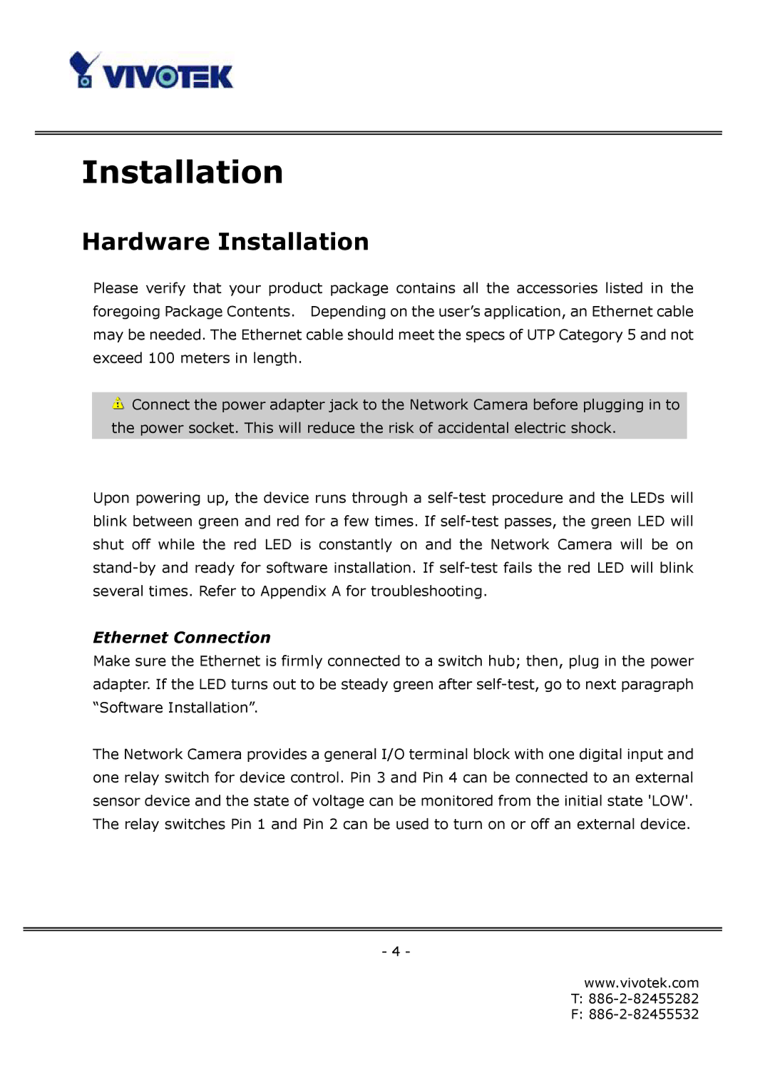 Vivotek FD6122V, FD6112V manual Hardware Installation, Ethernet Connection 