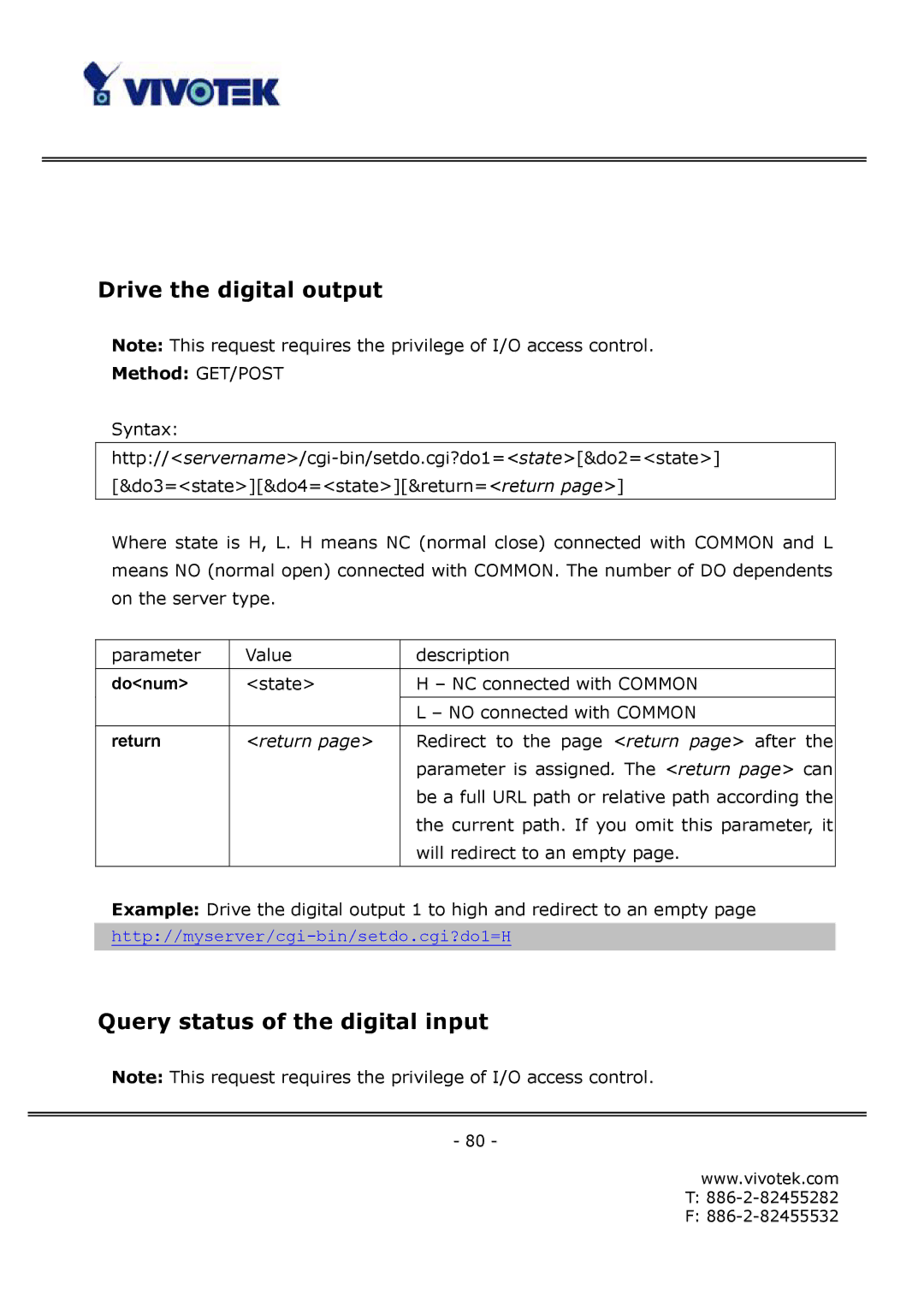 Vivotek FD6122V, FD6112V manual Drive the digital output, Query status of the digital input 