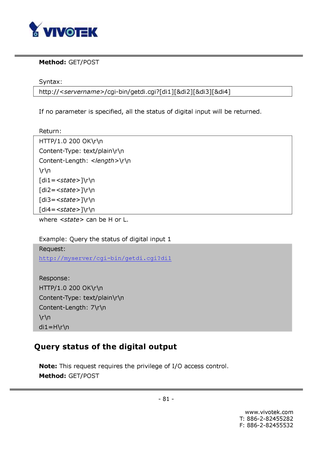 Vivotek FD6112V, FD6122V manual Query status of the digital output 