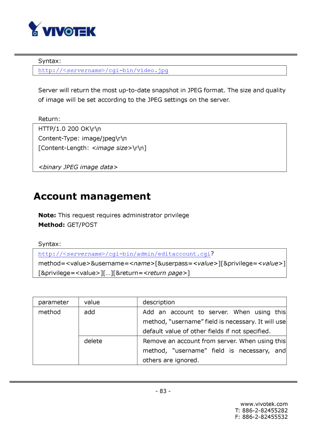 Vivotek FD6112V, FD6122V manual Account management 