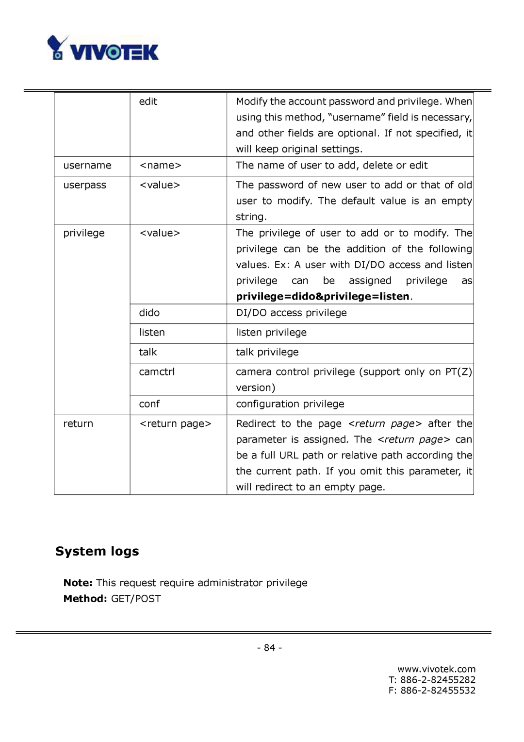 Vivotek FD6122V, FD6112V manual System logs, Privilege=dido&privilege=listen 