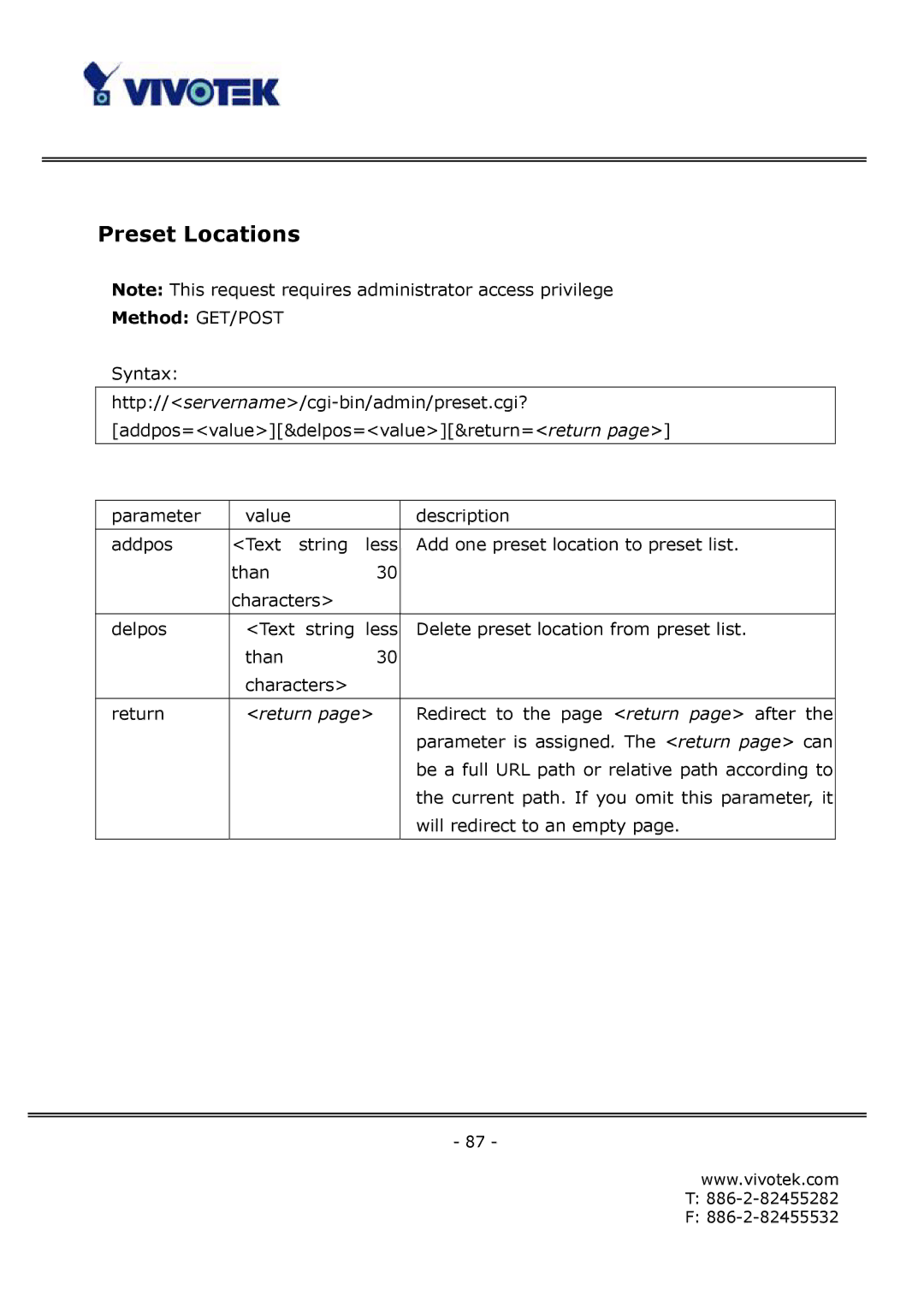 Vivotek FD6112V, FD6122V manual Preset Locations 