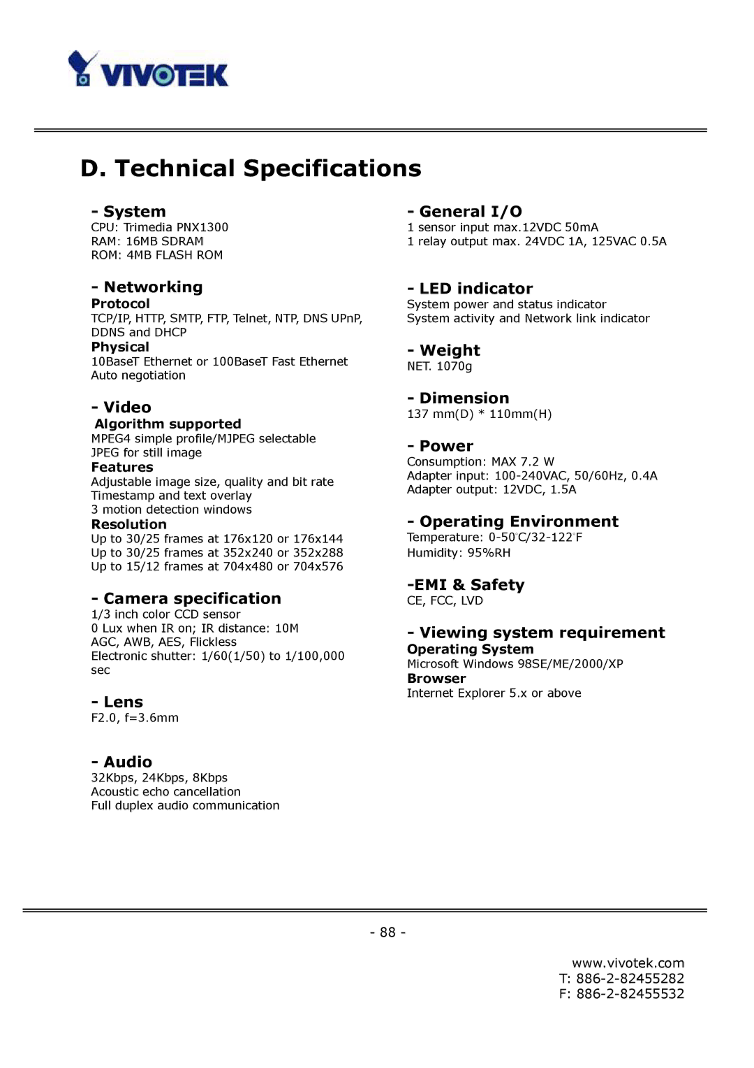 Vivotek FD6122V, FD6112V manual Technical Specifications, Networking 