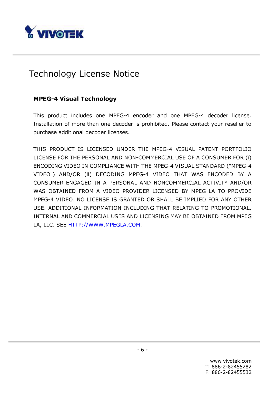 Vivotek FD6112V, FD6122V manual Technology License Notice 