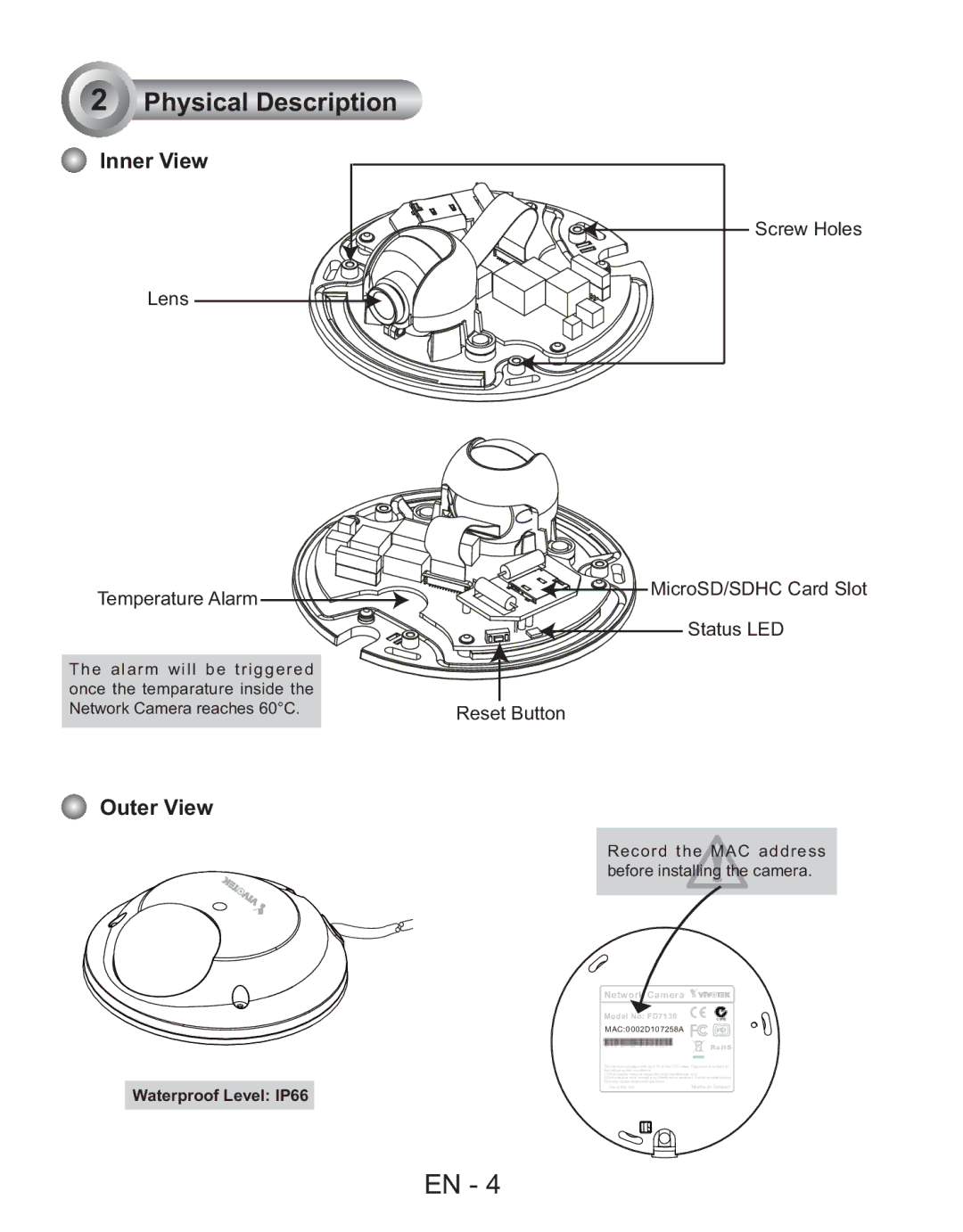 Vivotek FD7130 user manual Physical Description, Inner View, Outer View 