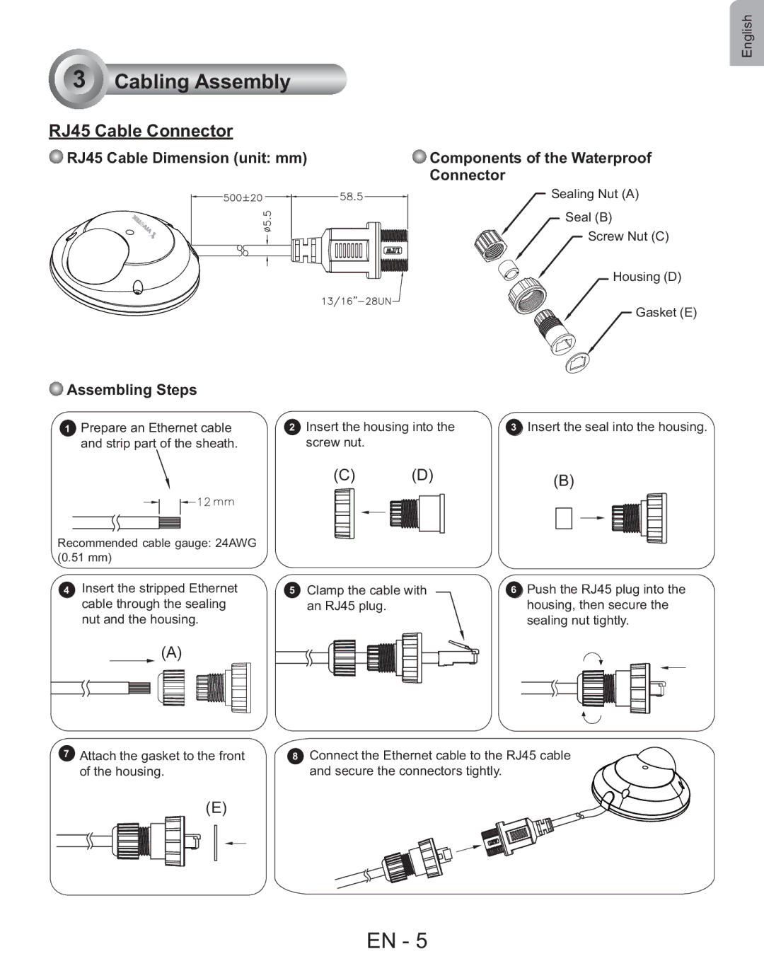 Vivotek FD7130 user manual Cabling Assembly, RJ45 Cable Connector 