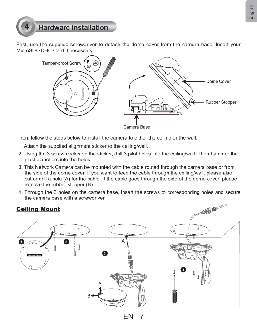 Vivotek FD7130 user manual Hardware Installation, Ceiling Mount 