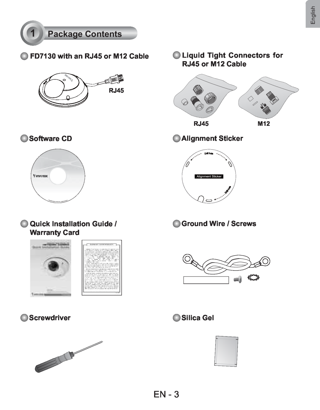 Vivotek Package Contents, FD7130 with an RJ45 or M12 Cable, Software CD, Alignment Sticker, Quick Installation Guide 