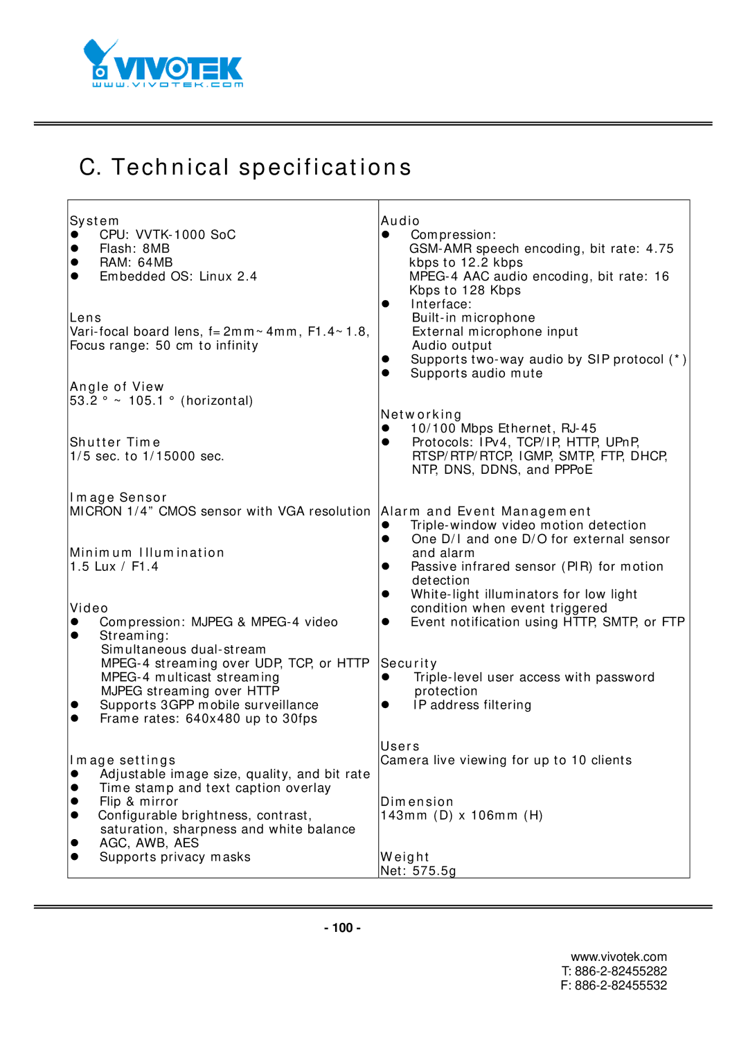 Vivotek FD7131 manual Technical specifications, Video 