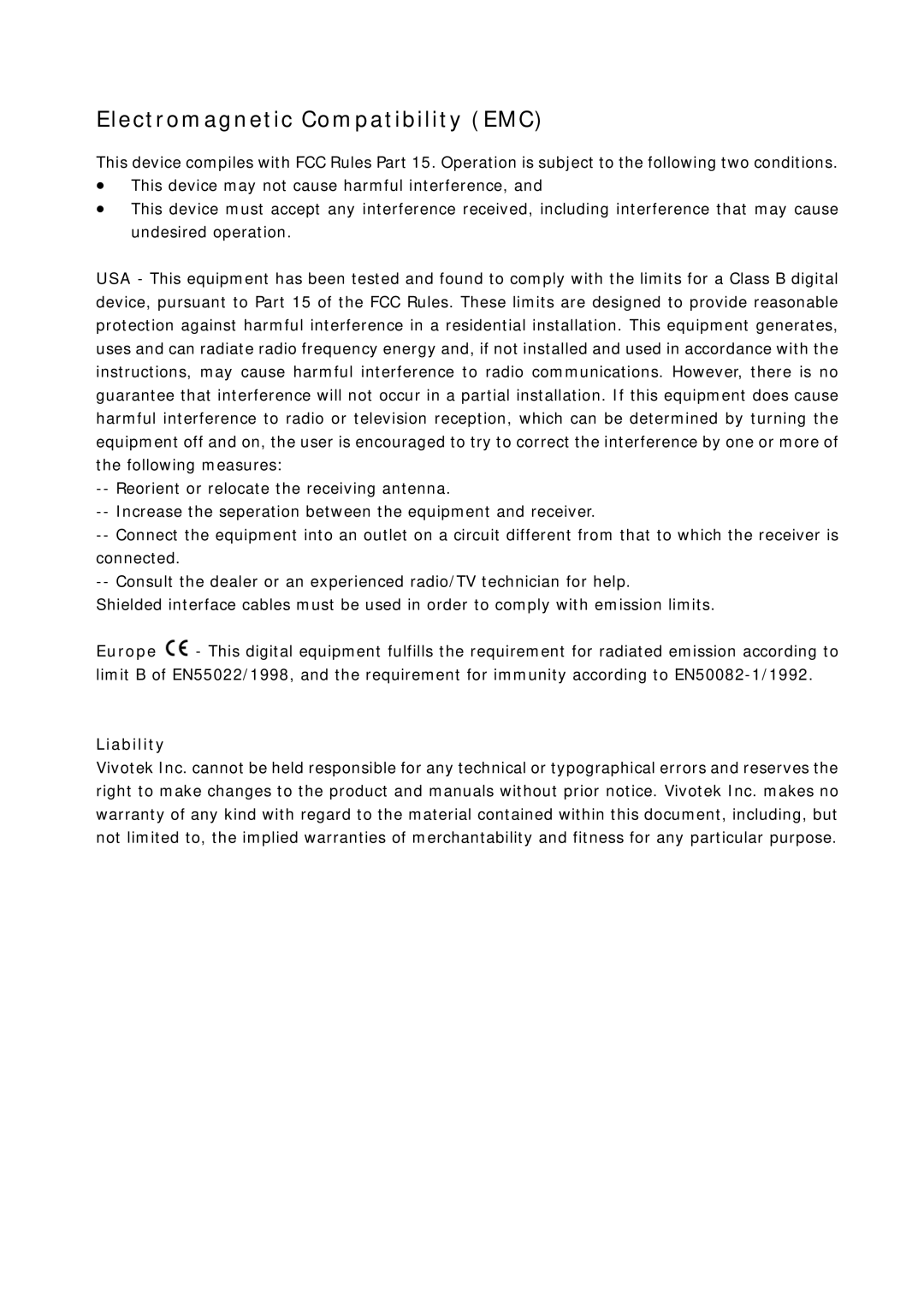 Vivotek FD7131 manual Electromagnetic Compatibility EMC, Liability 