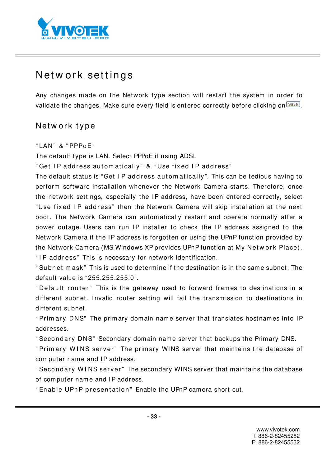 Vivotek FD7131 manual Network settings, Network type, LAN & PPPoE, Get IP address automatically & Use fixed IP address 