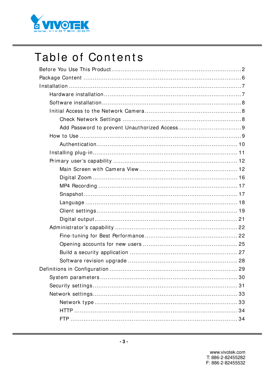 Vivotek FD7131 manual Table of Contents 