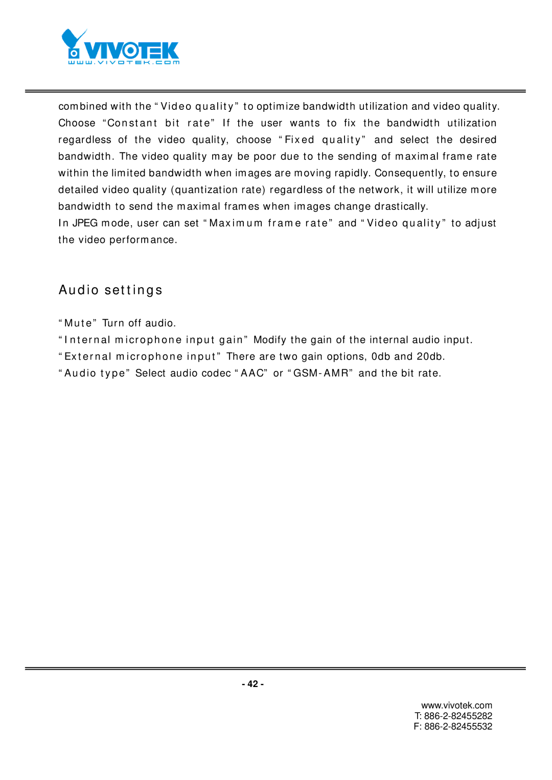 Vivotek FD7131 manual Audio settings 