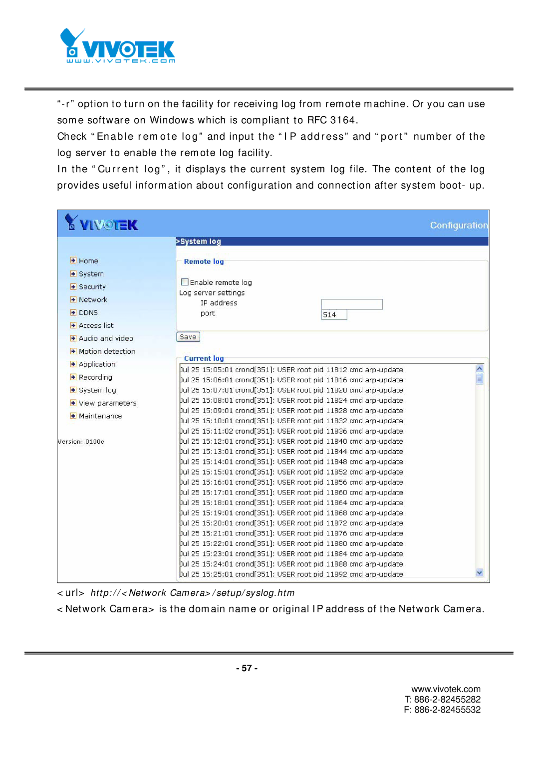 Vivotek FD7131 manual Url http//Network Camera/setup/syslog.htm 