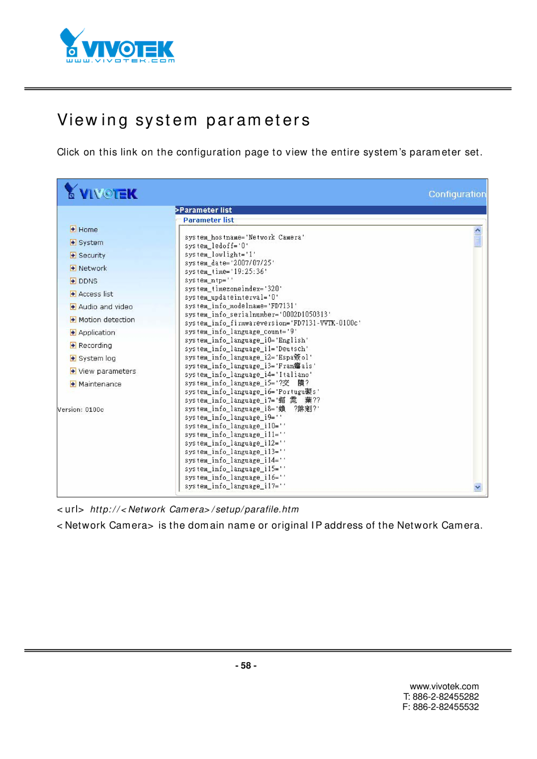 Vivotek FD7131 manual Viewing system parameters 