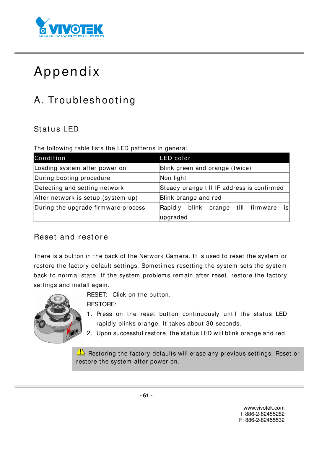 Vivotek FD7131 manual Troubleshooting, Status LED, Reset and restore 
