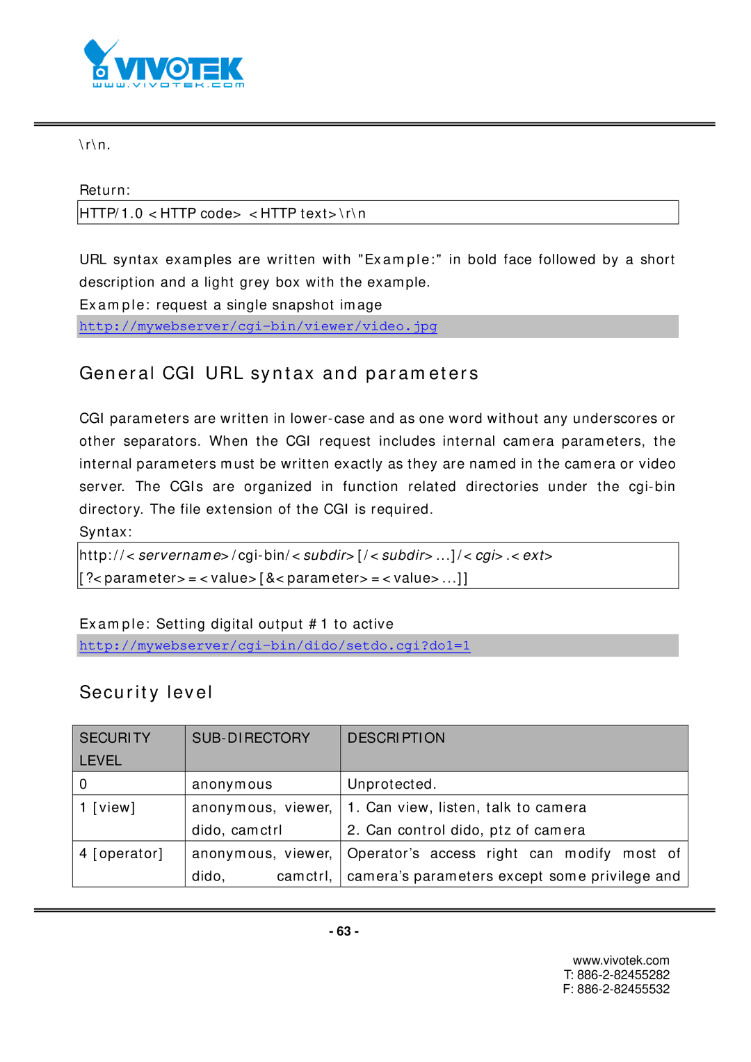 Vivotek FD7131 manual General CGI URL syntax and parameters, Security level 